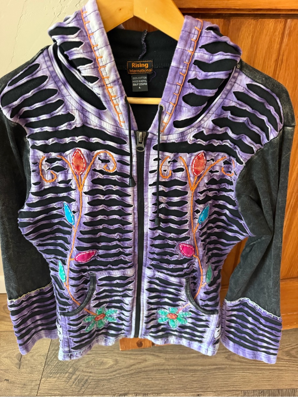 Rising International Handmade Bohemian Zip-Up Hoodie 100% Cotton L made in Nepal
